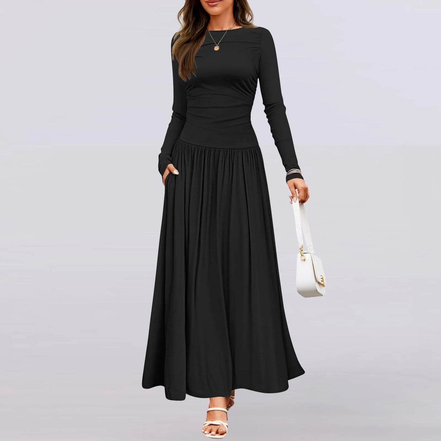 Round Neck Long Sleeve High Waist Minimalist Temperament Dress Female