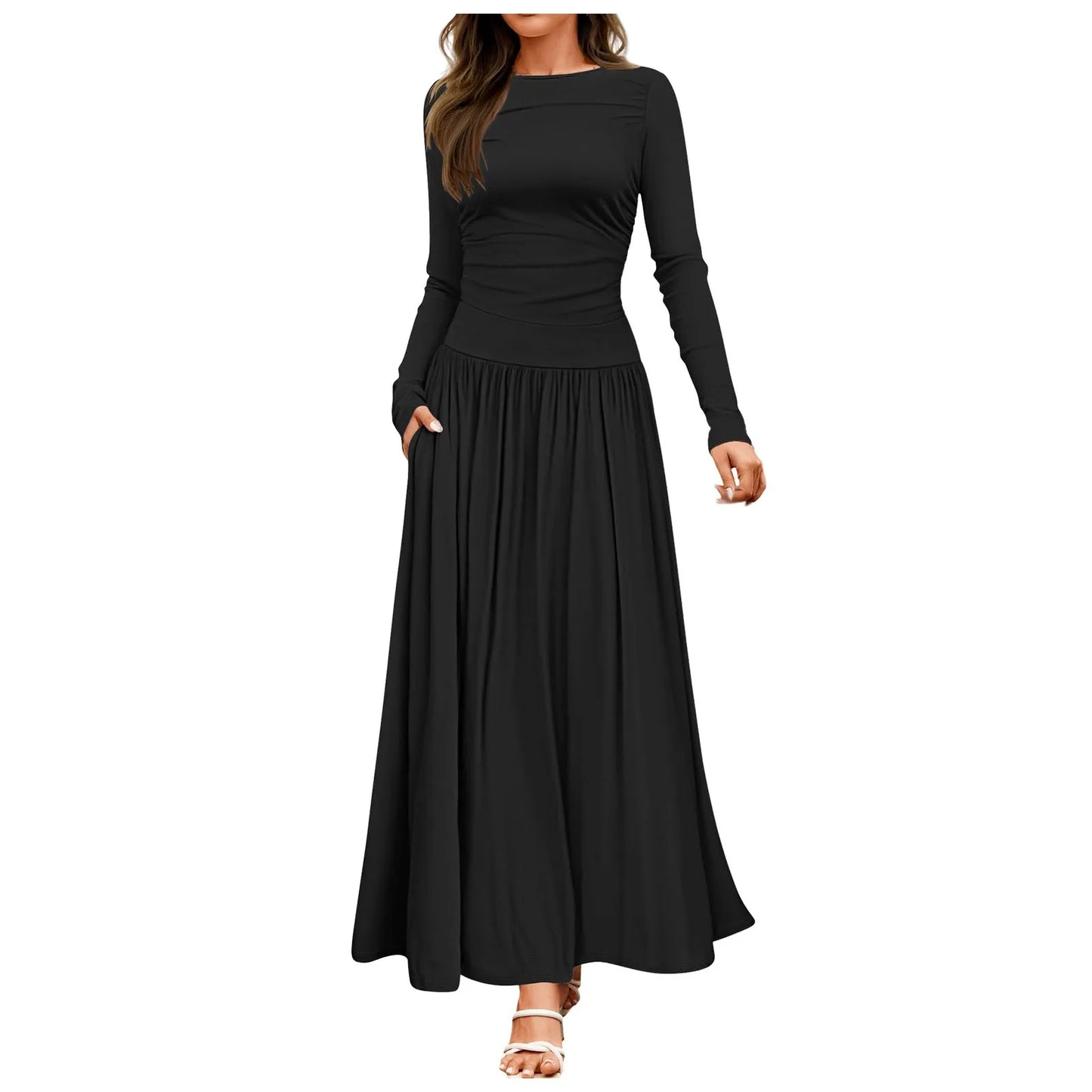 Round Neck Long Sleeve High Waist Minimalist Temperament Dress Female